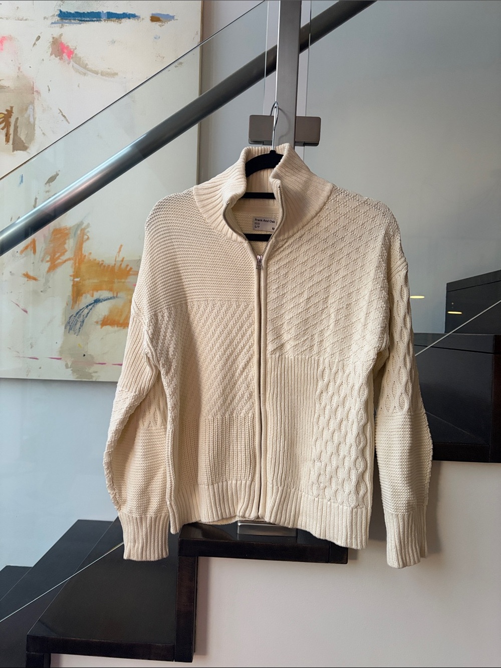Frank & Oak Cream Zip-Up Textured Knit Cardigan